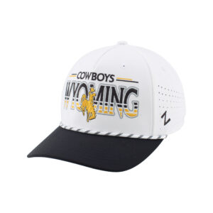 white adjustable hat with brown brim. has white and brown rope. has cowboys embroidered with wyoming below in brown and gold. gold bucking horse centered in middle of lettering.