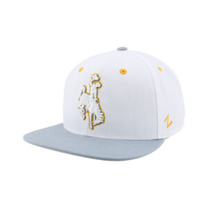 white flat bill hat with grey brim. has white bucking horse embroidered on front with gold outline