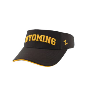 brown visor with gold inside brim. has gold embroidered wyoming lettering curved on front panel.