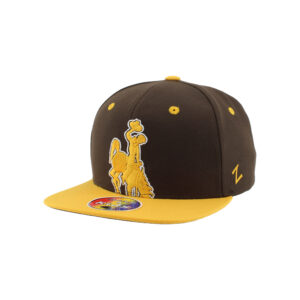 youth brown fitted hat with gold bill and gold eyelets. has gold bucking horse embroidered on front with white outline.