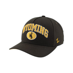 brown adjustable hat. has gold wyoming lettering embroidered on front panel with white outline. has brown bucking horse in gold oval below with white outline.