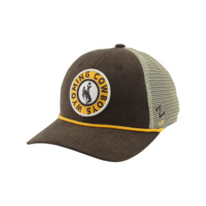 brown adjustable hat with tan mesh back. has gold rope on bill. has circle patch with white outline, gold fill. brown wyomnig cowboys lettering around circle. has brown bucking horse centered in middle.