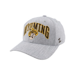 grey adjustable hat with brown wyoming lettering with gold outline. has white, brown, and gold pistol pete below.