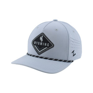 grey adjustable hat. has black and grey rope on bill. black diamond patch with grey outline. has grey bucking horse with wyoming letters below.