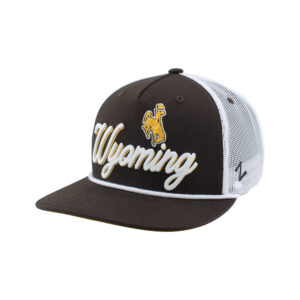 brown adjustable hat with white mesh back. has white rope across bill. has white wyoming script lettering embroidered with gold shadow. gold bucking horse above script.