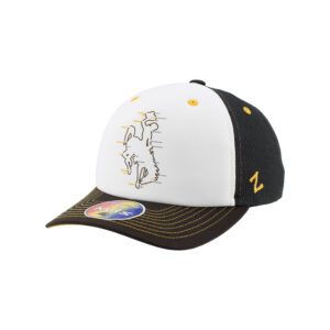 brown and white youth hat. has gold stitching on brown bill. brown outline of bucking horse on front panel with gold and grey likes coming off of horse.