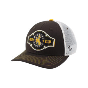 brown and white mesh back adjustable hat. has gold stitching on brown bill. patch embroidered on front in white outline. has circle wyoming b/h cowboys in white and gold in the center with 1886 on sides.