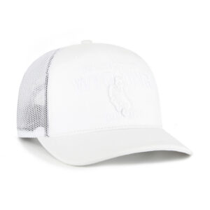 white hat with white mesh back. has university of wyoming bucking horse cowboys embroidered on front panel