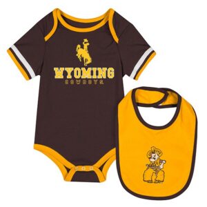 brown infant onesie with gold trim and white stripe on sleeves. has bucking horse wyoming cowboys on center chest. comes with gold bib with brown outline and pistol pete centered