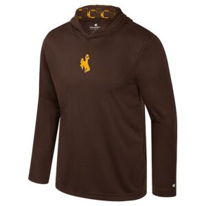 brown hooded pullover with gold bucking horse center chest. has gold bucking horses with wyoming lettering inside hood