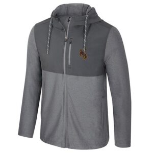 grey full zip jacket with dark grey chest and hood. has strings on hood. brown bucking horse left chest with white outline. has small zipper pocket on front left chest