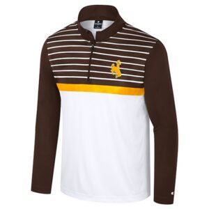 white and brown 1/4 zip. has white body, brown sleeves, and a brown and white striped chest with gold stripe at bottom. has gold bucking horse left chest with white outline