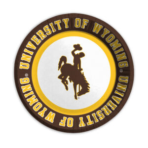 circle paper plate with university of Wyoming in gold lettering around outside of plate. has brown bucking horse on white background in middle of plate.