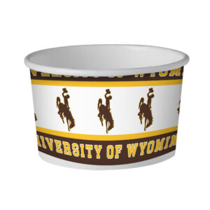 paper bowl with university of wyoming banner on top and bottom with bucking horse in brown centered in the middle on white background