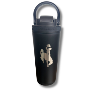 black shaker bottle with flip top lid and a handle to carry. has etched bucking horse in silver on side