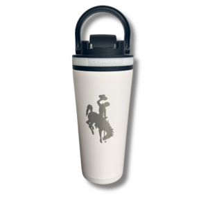 white shaker bottle with black lid.has flip top lid. has etched bucking horse that is silver