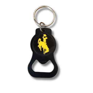 black keychain with a bottle opener. has a silver key ring to attach to keys. gold bucking horse on center of keychain