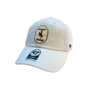 white adjustable hat with patch on front panel. patch is wyoming bucking horse cowboys in brown stating with gold outline. brown and gold outline of patch
