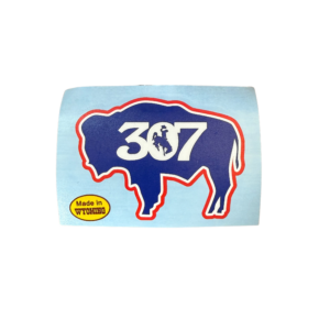 4 inch wide vinyl decal of outline of buffalo in red with white double outline. blue fill and has white 307 with bucking horse in the 0