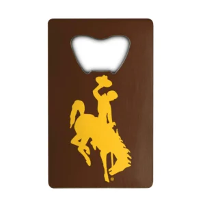 brown bottle opener the size of a credit card. has gold bucking horse on front