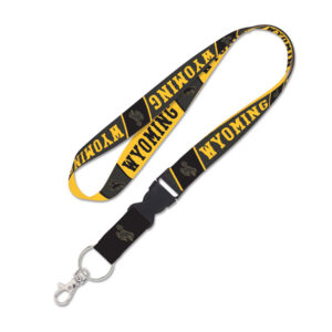 black and gold lanyard with ring and clip at bottom to put keys on. has wyoming in gold with bucking horse to the right and repeats across the whole lanyard.