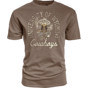 light brown tee shirt with design center chest. design is arched university of wyoming in cream with brown outline. has old pistol pete under arch with cream cowboys script at bottom