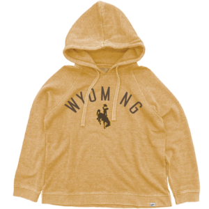 gold hooded sweatshirt with design center chest. design is arch wyoming with bucking horse below all in brown.