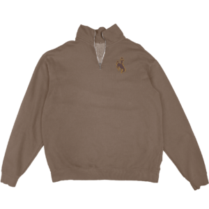 brown 1/4 zip pullover jacket with silver zipper. has brown bucking horse with gold outline on left chest.
