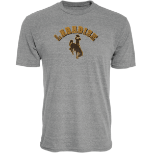 grey short sleeve tee with design center chest. design is arched laradise lettering in gold with brown drop shadow. has brown bucking horse with gold outline below.