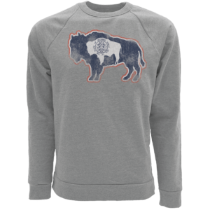 grey crew neck with red, white, and navy design center chest. design is a outline of a buffalo with the wyoming state buffalo on the inside with seal on it.