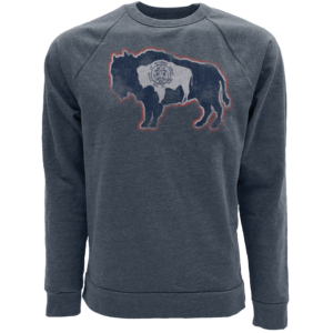 navy crew neck with red, white, and navy design center chest. design is a outline of a buffalo with the wyoming state buffalo on the inside with seal on it.