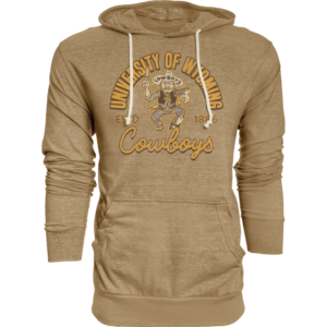 russet hooded pullover sweatshirt with cream drawstrings and big pocket on front. design is arched university of wyoming in gold with old pistol pete below with est 1886 below and cowboys script at bottom.
