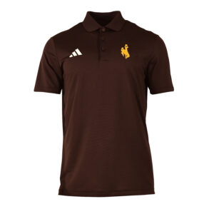 brown adidas polo with design left and right chest. has 3 brown buttons and a collard neck. has white adidas logo on right chest and gold bucking horse on right chest