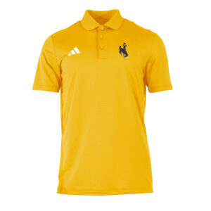 gold adidas polo with 3 buttons down and a collard neck. has white adidas logo on right chest and brown bucking horse on left chest
