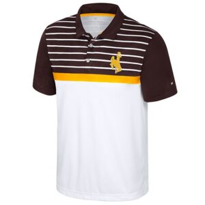 short sleeve polo with three buttons. body is white and chest to sleeves is brown. chest has white stripes. gold strip in between brown and white. has a gold bucking horse left chest.