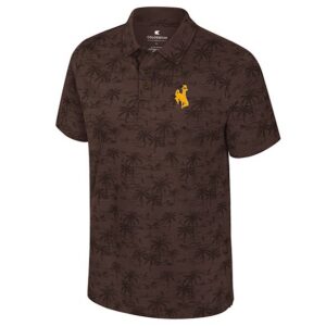 brown polo with tonal brown palm trees all over the polo. has three buttons and a collar. gold bucking horse on the left chest.