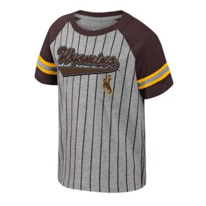 grey and brown toddler pin striped tee shirt with design center chest. sleeves are brown with gold and grey stripe at bottom. has brown script wyoming with a tail and a bucking horse right centered below that.
