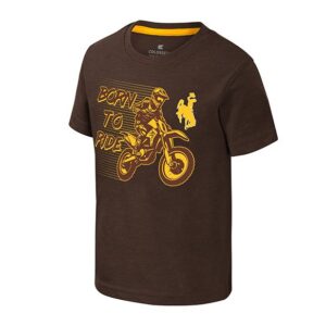 brown youth tee with design center chest. design is born to ride lettering on left in brown with motorcycle and guy to the right in brown and gold. has bucking horse above front wheel of bike.