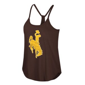 brown women's tank top with spaghetti straps. has big gold bucking horse with white outline. gold is distressed.
