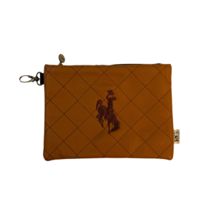 brown quilted tote pouch with brown quilted stitching. has brown embroidered bucking horse on center of pouch. carabiner on right side to attach to strap and zipper on top