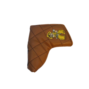 brown leather blade putter cover with brown quilted stitching all around. has pistol pete embroidered on side of putter cover.