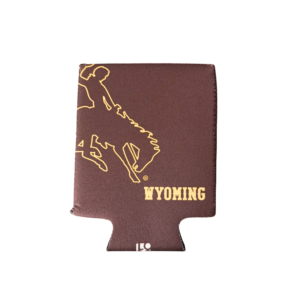 brown can cooler with gold oversized bucking horse on left and gold wyoming lettering at bottom