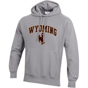 grey champion reverse weave hooded sweatshirt with design center chest. design is arch wyoming lettering in brown with gold outline and bucking horse below in brown