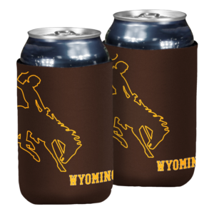brown can cooler with gold oversized bucking horse on left and gold wyoming lettering at bottom