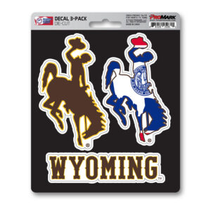 pack of three decals. one is brown and gold bucking horse, one is state flag bucking horse, and one is wyoming lettering in brown and white.