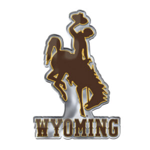 3d embossed emblem with brown bucking horse with gold outline. has brown wyoming lettering with gold outline below.
