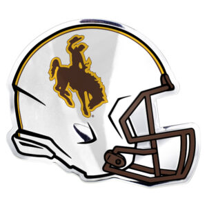 3d white football helmet embossed emblem. has brown face guard and brown bucking horse with gold outline on side of helmet